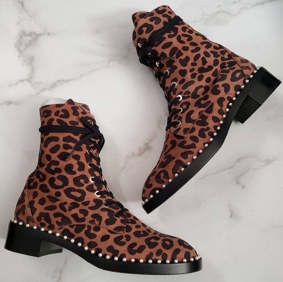 Stuart Weitzman Sondra Faux Pearl Cheetah Leopard Combat  Boots Sz 7.5 - Picture 1 of 9